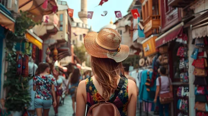 Fotobehang Beautiful tourist young woman walking in Istanbul city street on summer, Turkey, tourism travel holiday vacations concept in Europe © BeautyStock