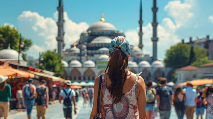 Fototapeta na wymiar Beautiful tourist young woman walking in Istanbul city street on summer, Turkey, tourism travel holiday vacations concept in Europe