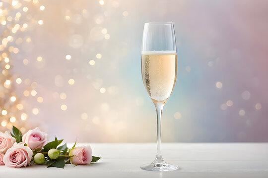 A champagne glass, translucent crystal reflecting a gentle bokeh effect from a minimalist background with soft pastel hues. Generative AI