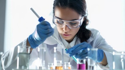 Fototapeta premium young female scientist performing experiments in a labratory