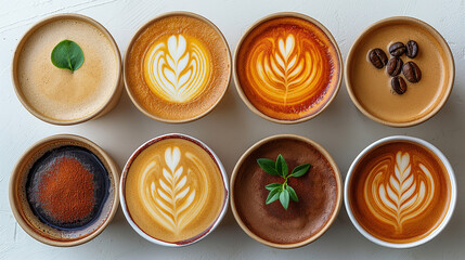 A vibrant display of various coffee cups, each holding a unique and flavorful caffeinated beverage, adorning a stylish ceramic table setting indoors