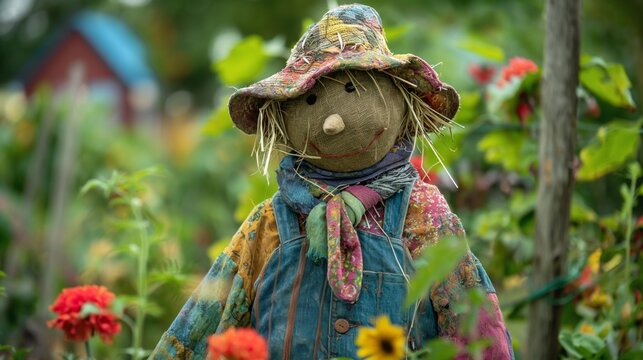 Handmade Scarecrow with Colorful Attire in Autumn Garden - Powered by Adobe