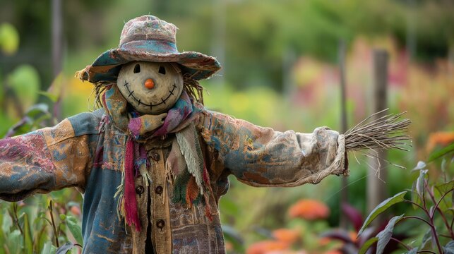 Handmade Scarecrow with Colorful Attire in Autumn Garden
