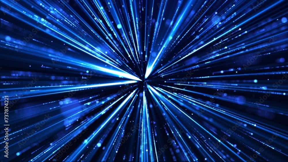 Poster abstract background of neon flying light lines, animation of bright light lines and particles, movem