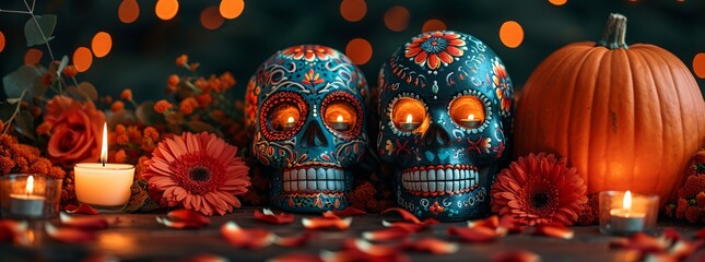Celebrate DÃ­a de los Muertos with Colorful Sugar Skull Candles Generative AI