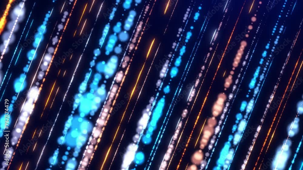 Poster Abstract particle background, glowing golden rays of light in motion. seamless loop, 4K..