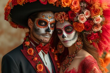 Skeleton Couple Embrace the Day of the Dead Generative AI