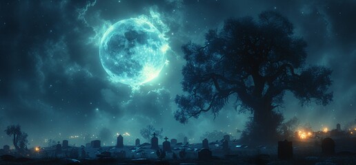 Fototapeta na wymiar Ghostly Nighttime Grave Visit Generative AI