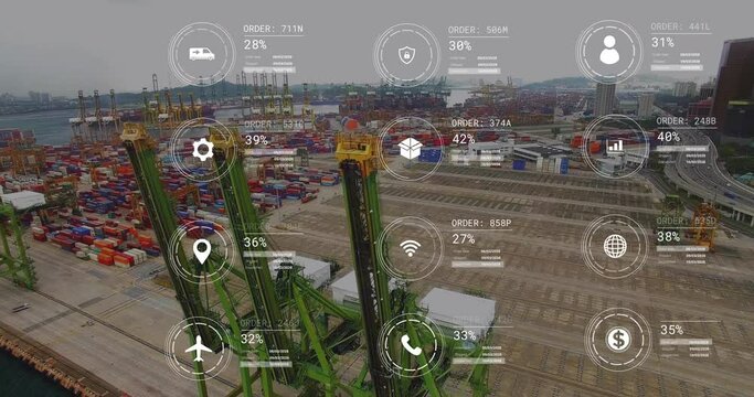Animation of data processing with icons over container port