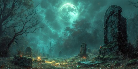 Ghostly Nighttime Graveyard A Halloween-Inspired Scene Generative AI - obrazy, fototapety, plakaty
