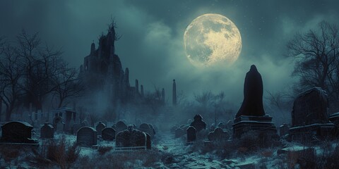 Ghostly Nighttime Graveyard A Spine-Chilling Scene for Halloween Generative AI - obrazy, fototapety, plakaty