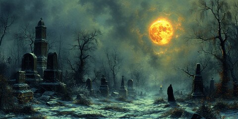 Ghostly Nighttime Graveyard A Hauntingly Beautiful Scene Generative AI