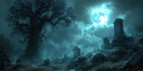Midnight Moonlit Graveyard A Hauntingly Beautiful Nighttime Scene Generative AI