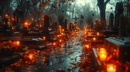 Glowing Autumn Graves A Halloween Nighttime Cemetery Generative AI