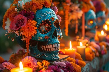Celebrate DÃ­a de los Muertos with a Blue Sugar Skull Centerpiece Generative AI