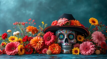 Skeleton Skull with a Flower Crown A Creepy Cute Halloween Decoration Generative AI