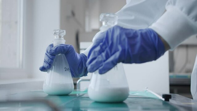 A scientist wearing blue gloves analyzes a white liquid in a conical flask in the laboratory. Laboratory sample processing.