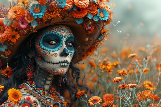 Calavera Couture A Sugar Skull's Flower-Filled Fiesta Generative AI