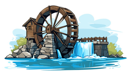 Abstract water wheel with spokes  symbolizing traditional water-driven energy. simple Vector art - obrazy, fototapety, plakaty