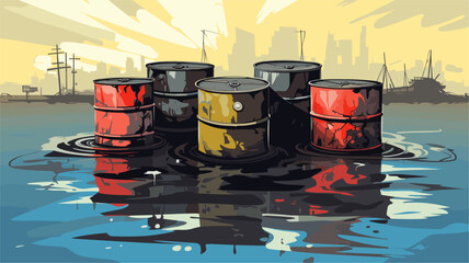 Abstract toxic waste barrels in water  representing the improper disposal of hazardous materials. simple Vector art - obrazy, fototapety, plakaty