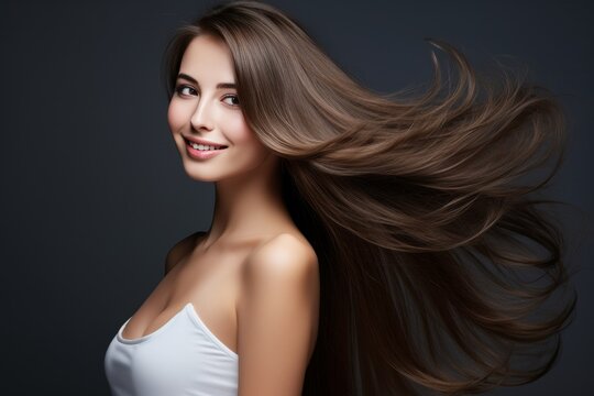 Beautiful young woman with loose brown hair. Healthy hair care and beauty concept