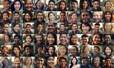 collage of asian adult men and women smiling, collage of portrait, grid of 60 cheerful faces,  group photo