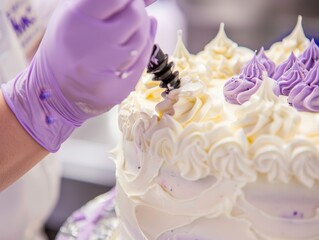 Culinary Arts: Close-up of a pastry chef decorating a cake