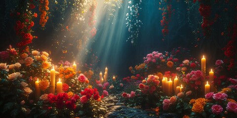 Flower Power A Magical Garden of Roses and Candles for a Spellbinding Evening Generative AI