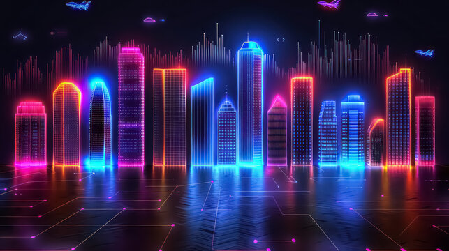 A digital illustration of a futuristic cityscape filled with sleek skyscrapers and flying vehicles, bathed in the glow of neon lights background