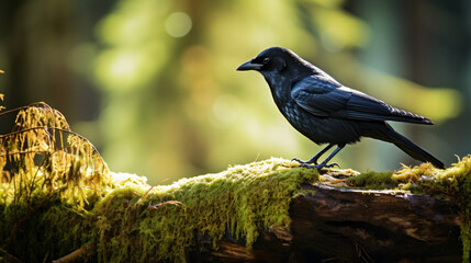 Black Carrion Crow Corvus corone perched on moss