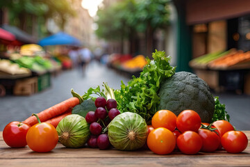 Fresh market product display. Wooden table with copy space, assorted fruits and vegetables. Healthy vegetarian options. Blurred street market background.