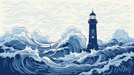 Abstract save the seas with a lighthouse and waves  representing maritime conservation. simple Vector art