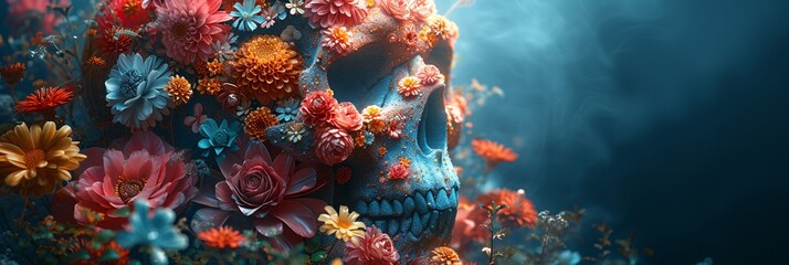Flower Power Skull A Monthly Celebration of Life and Art Generative AI - obrazy, fototapety, plakaty