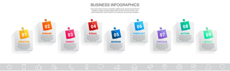 Vector infographic template with nine icons or steps square shape. Modern infographics business concept for diagrams, flow charts, websites, banners, presentations, printed materials with 9 options.