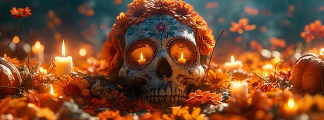 Floral Skull with Lit Candles A Creepy, Cute, and Colorful Halloween Decoration Generative AI - obrazy, fototapety, plakaty