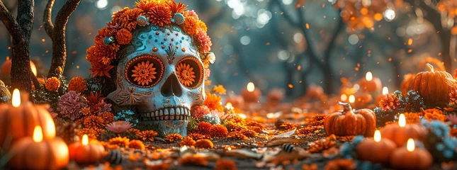 Fotobehang DÃ­a de los Muertos Skull with Flower Decoration Generative AI © Riya