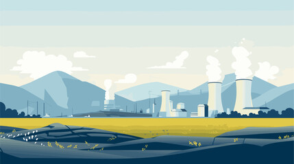 Fototapeta premium Abstract nuclear power plant landscape with mountains representing the placement of nuclear facilities. simple Vector art