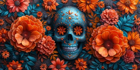 DÃ­a de los Muertos Skull with Orange Flowers Generative AI - obrazy, fototapety, plakaty