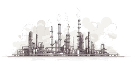 Abstract oil refinery with smoke plumes  symbolizing the environmental impact of the oil industry. simple Vector art - obrazy, fototapety, plakaty