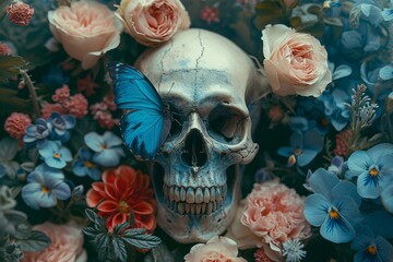 Flower Power A Blue Butterfly's Encounter with a Skull Generative AI