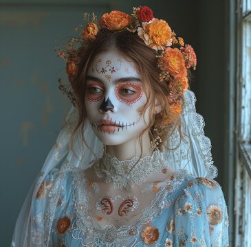 Halloween Bride A Skeleton Bride with a Flower Crown Generative AI