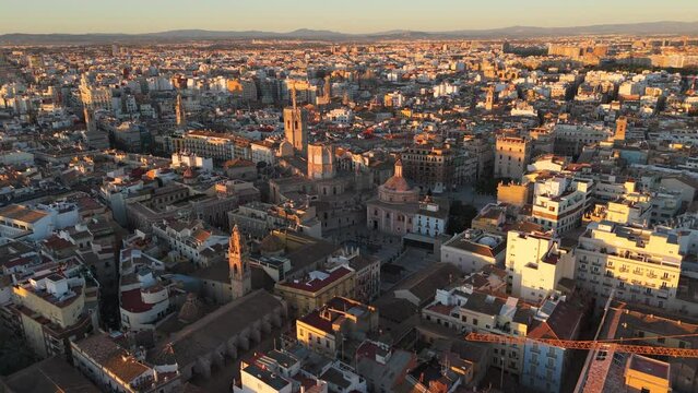 Top View of the heart of Valencia historical district lies the charming Plaza de la Virgen Bounded by Cathedral of Santa Maria, Basilica de la Virgen de los Desamparados, and Palace of the Generalitat