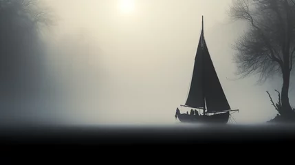 Rolgordijnen Black sailboat silhouette in the fog. © Salman