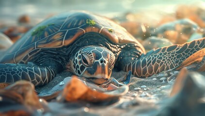 Turtle on the beach - obrazy, fototapety, plakaty