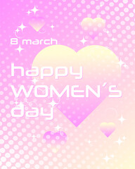 Happy Women's Day, decorate with trendy gradient heart vibrant y2k colorful background. Design for greeting card, fashion, commercial, banner