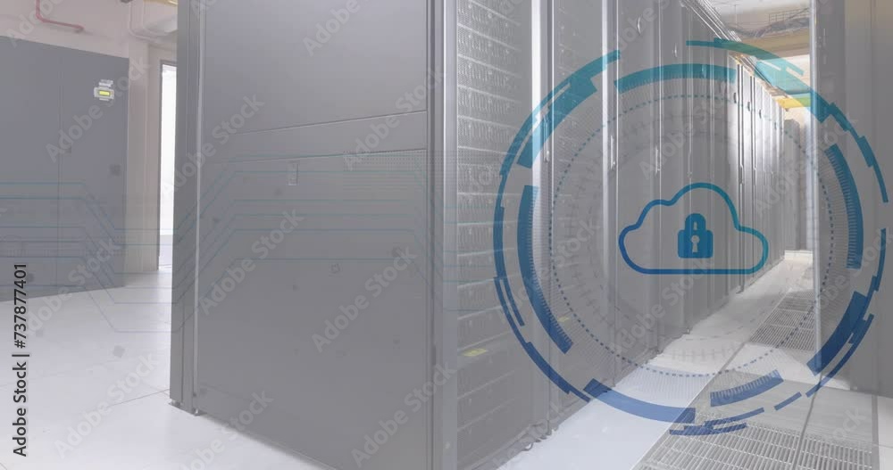 Poster animation of scope scanning with cloud and padlock icon over server room