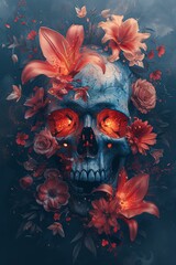 Fototapeta na wymiar Flower Power A Fiery Flower-Covered Skull for the Month of Love Generative AI