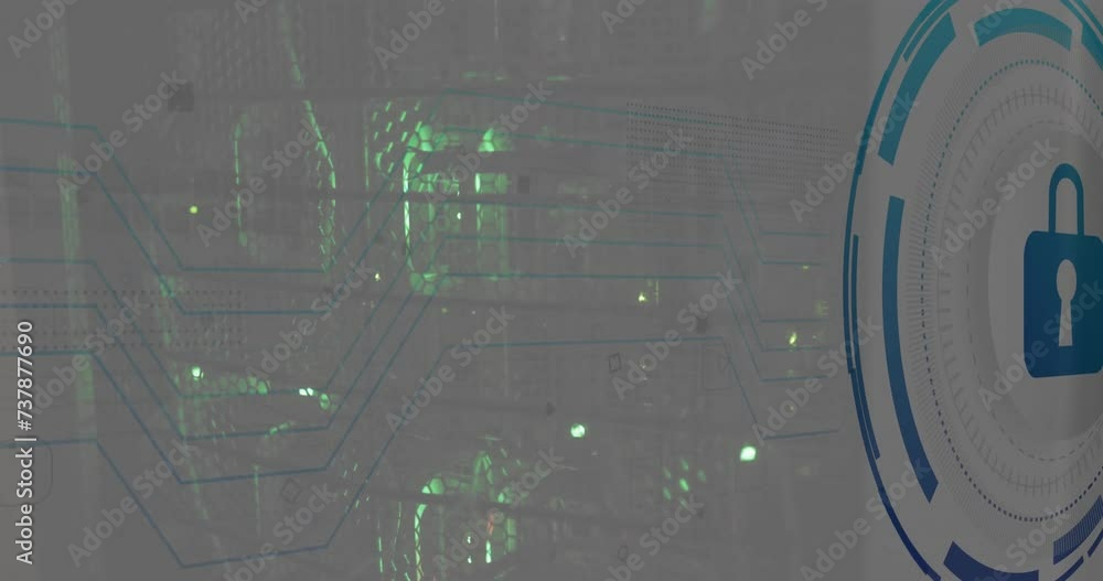 Poster animation of scope scanning with padlock icon over server room