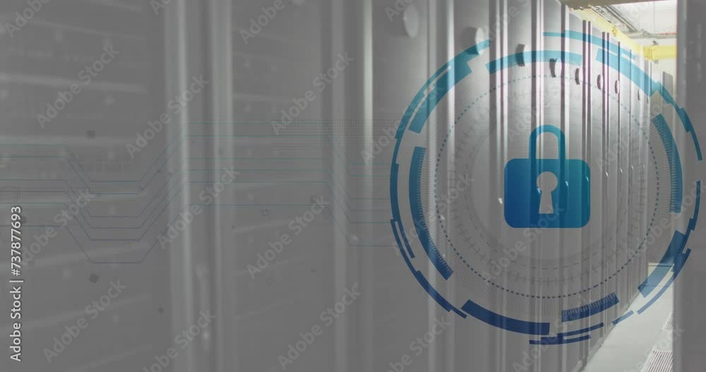 Poster animation of scope scanning with padlock icon over server room