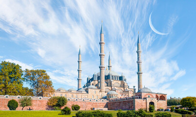 Selimiye Mosque with crescent moon (new moon) - Edirne, Turkey